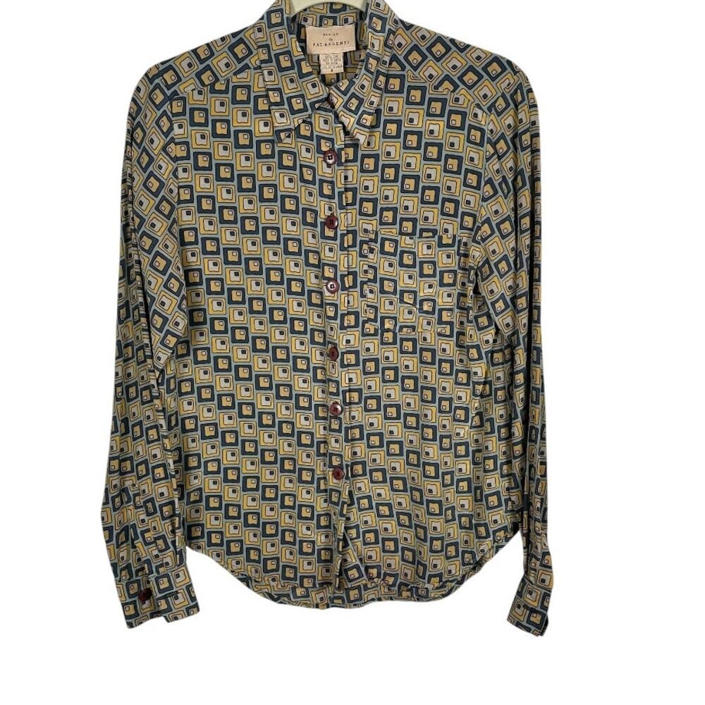 Design By Pat Argenti Blue Yellow Abstract Square Design Silk Top Size 8